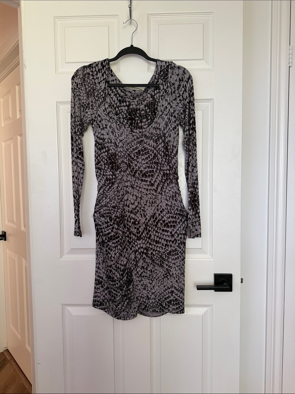 Velvet Gray Patterned Long-Sleeve Dress